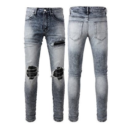 American Retro Jeans Trendy Men's Pu Leather Ripped Patch Slim-Fit Jeans #1338