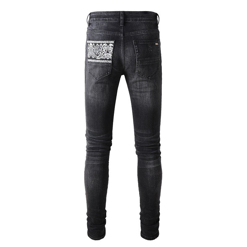 Pantalon slim élastique à motif de patch de jeans déchirés de la rue européenne et américaine #864 