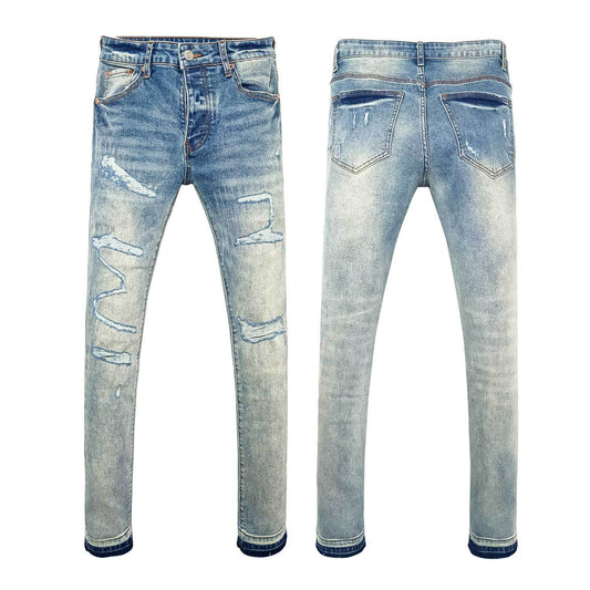 Premium Slim Leg Blue Jeans for Men - Classic Distressed Wash & Destroyed Details