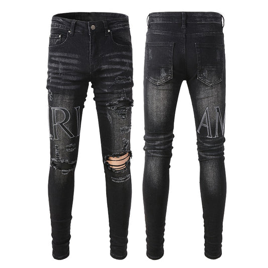 Jeans Fashion Alphabet Trend Jeans High Craft Elastic Slim High Street