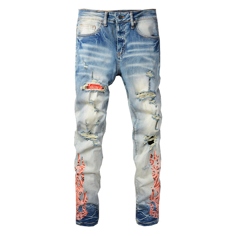 Pantalones vaqueros con parches rotos y diseño moderno de estilo urbano europeo y americano Pantalones ajustados con estampados para hombre de estilo urbano moderno n.° 836 