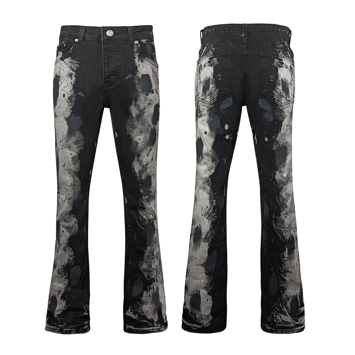 Black Heavy Paint Splatter Flare Jeans High Waisted Ripped Bell Bottom Denim