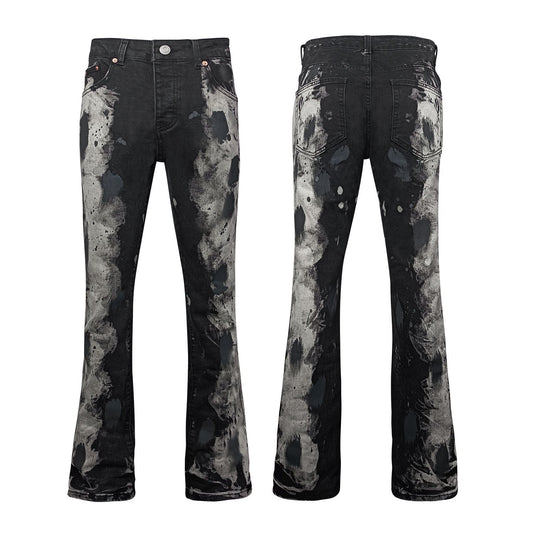 Black Heavy Paint Splatter Flare Jeans High Waisted Ripped Bell Bottom Denim