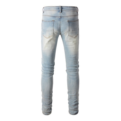 6637 High Street Tide Brand Hole Changement progressif de couleur Patch Jeans Rétro Hommes Élastique Slim High Street Jeans 