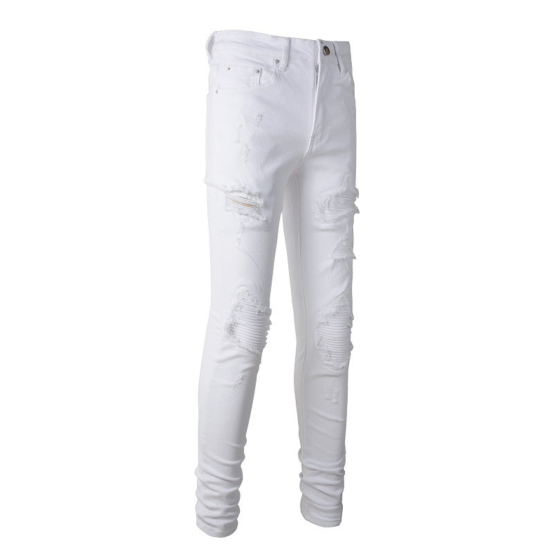 Jeans Slim Fit tendance pour hommes High Street Patch déchiré Pantalon de marque tendance Pantalon décontracté #897 