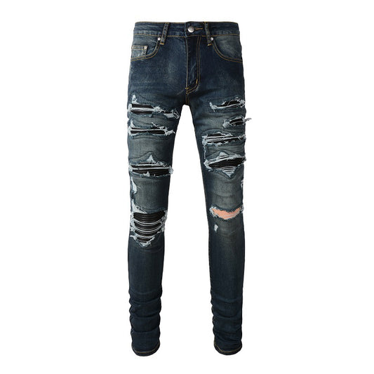 1320 Jeans High Street tendance européens et américains, jeans slim en cuir déchiré 