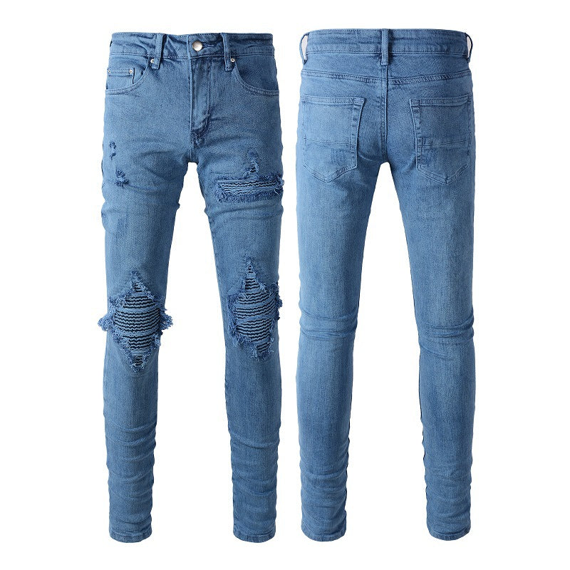 Nuevos jeans de moda con parches rotos para hombres, arrugados y ganados Un par de jeans para hombres 1344