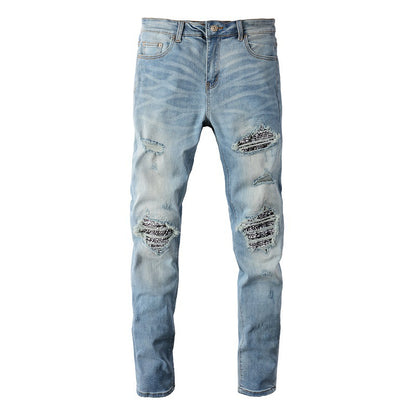 6665 High Street Trendy Brand Ripped Patch Jeans Retro Elástico Slim High Street Jeans para hombre 