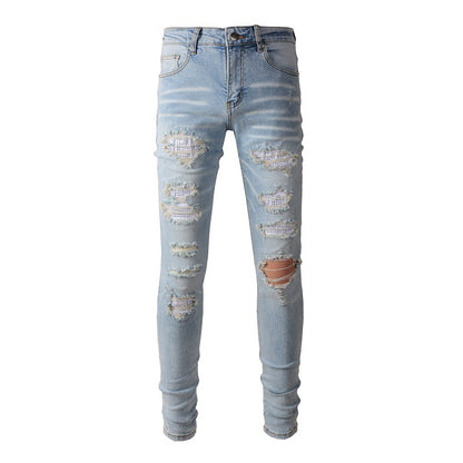 Pantalon décontracté en denim High Street pour le commerce extérieur Jean skinny déchiré bleu en coton micro-élastique pour jeunes 