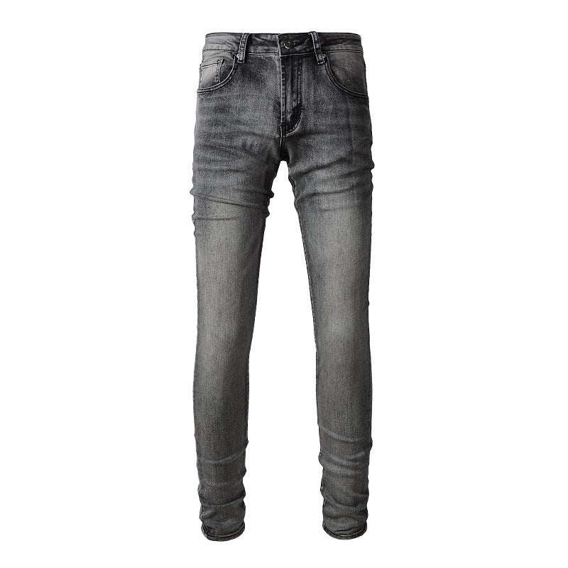 1319 Jeans tendance européens et américains High Street Jeans gris foncé pour hommes, coupe slim, petits pieds 