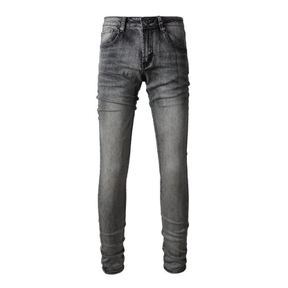 1319 Jeans de calle de moda europea y americana, de color gris oscuro, ajustados y de corte pequeño para hombre 