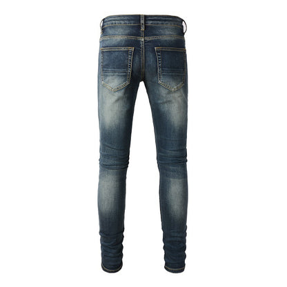 1320 European and American Trendy High Street Jeans, Ripped Patch Leather Slim-fit Jeans