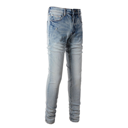 6602 Jeans High Street de marque tendance européenne et américaine I Jeans bleu clair pour hommes Version coréenne 