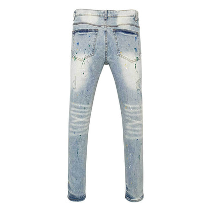 Men's Heavy Distressed Skinny Jeans with Multi-color Paint Splatter & Knee Rips - Urban Streetwear