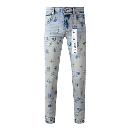 Pantalon en denim bleu tendance 9063 avec détails d'impression uniques pour un look avant-gardiste 