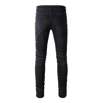 Pantalon décontracté en denim de rue en coton micro-élastique pour jeunes, jean skinny noir avec éclaboussures de peinture #865 