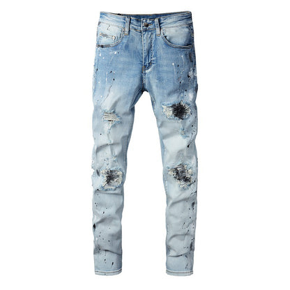 820 Jeans en denim micro-élastique bleu clair pour jeunes avec patch déchiré et peinture 