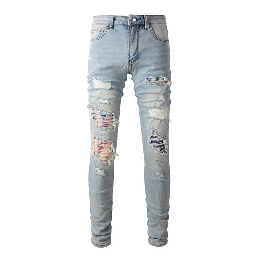 6637 High Street Tide Brand Hole Changement progressif de couleur Patch Jeans Rétro Hommes Élastique Slim High Street Jeans 