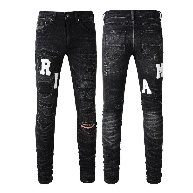 Street Jeans Leather Embroidered Letter Ripped Thread Patch Elastic Slim-fit Pants #1313