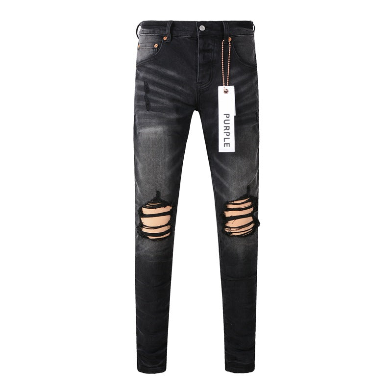 2024 New Fashion Men Black Jeans Distressed Hole Unique Personality