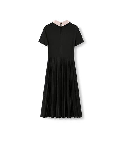 Little Black Dress Series Summer 2024 Embroidered Color-Block Short Sleeve Slim Fit Acetate Dress