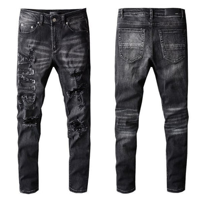 Men's Slim Fit Black Jeans with Comfortable Stretch and Patchwork Details