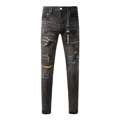 Chic Black Distressed Denim Pants 9080 Combining Rips and Patches for a Modern Style