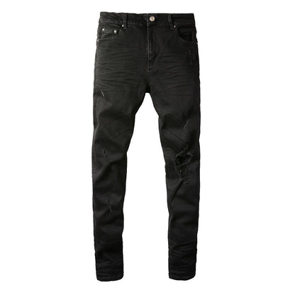 8586 Jeans pour hommes de marque tendance européenne et américaine avec patch à trous très élastiques, slim et fin, High Street 