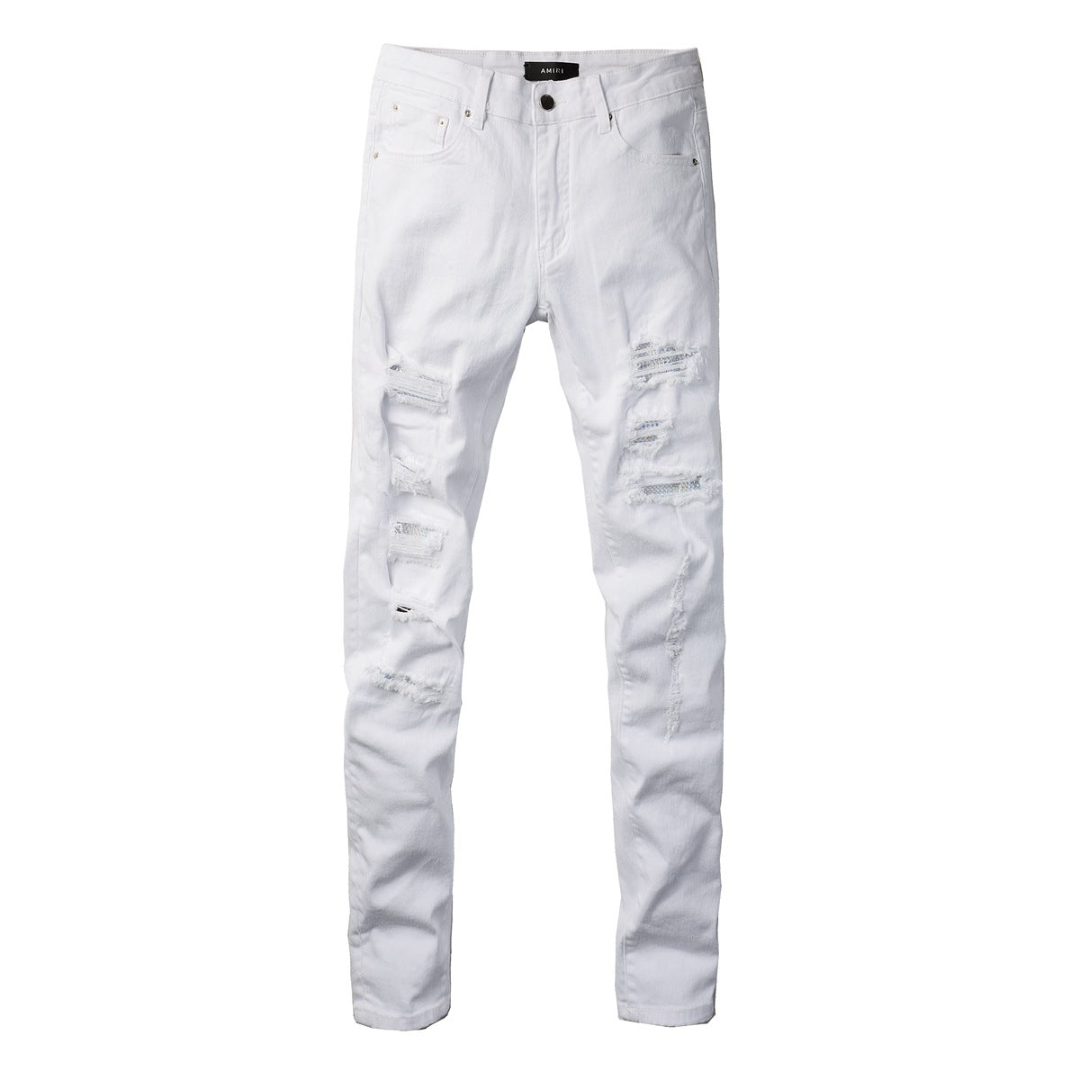 Pantalones pitillo con parches y agujeros rasgados de estilo pop para hombre, vaqueros blancos AM897C 