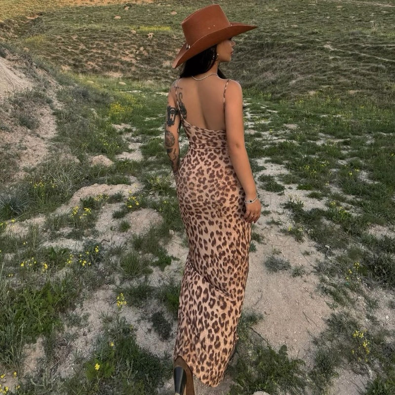 New Fashionable Leopard Print Spaghetti Strap Slim Fit Backless Split Dress D1993495