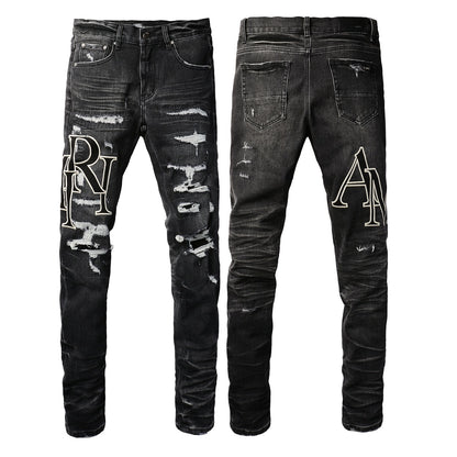 Stylish Black Distressed Jeans with Washed Effect and Unique Lettered Patchwork and Rips 8836