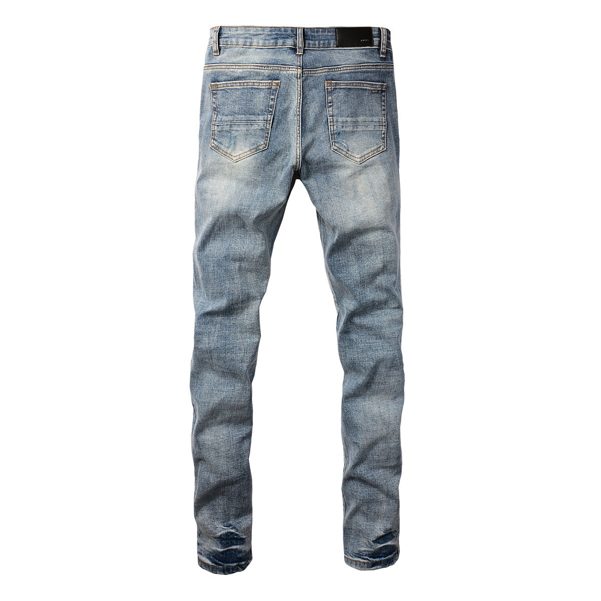 Fashionable Slim Fit Denim with a Washed Effect and Blue Rhinestone Embellishments