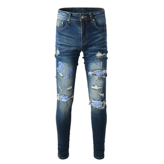 Pantalones vaqueros con parches rotos de marca de moda urbana europea y americana TRENDAMIRI, letras bordadas de estilo urbano, pies delgados #838 