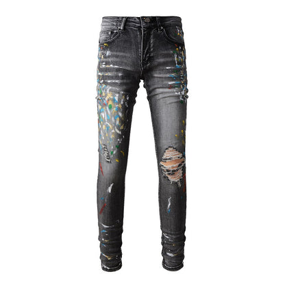 Jeans de marque tendance motif graffiti éclaboussures d'encre déchirés jeans élastiques slim denim #1303 