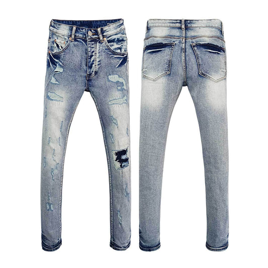 Vintage Blue Slim Leg Jeans for Men - Premium Distressed Finish & Ripped Detail