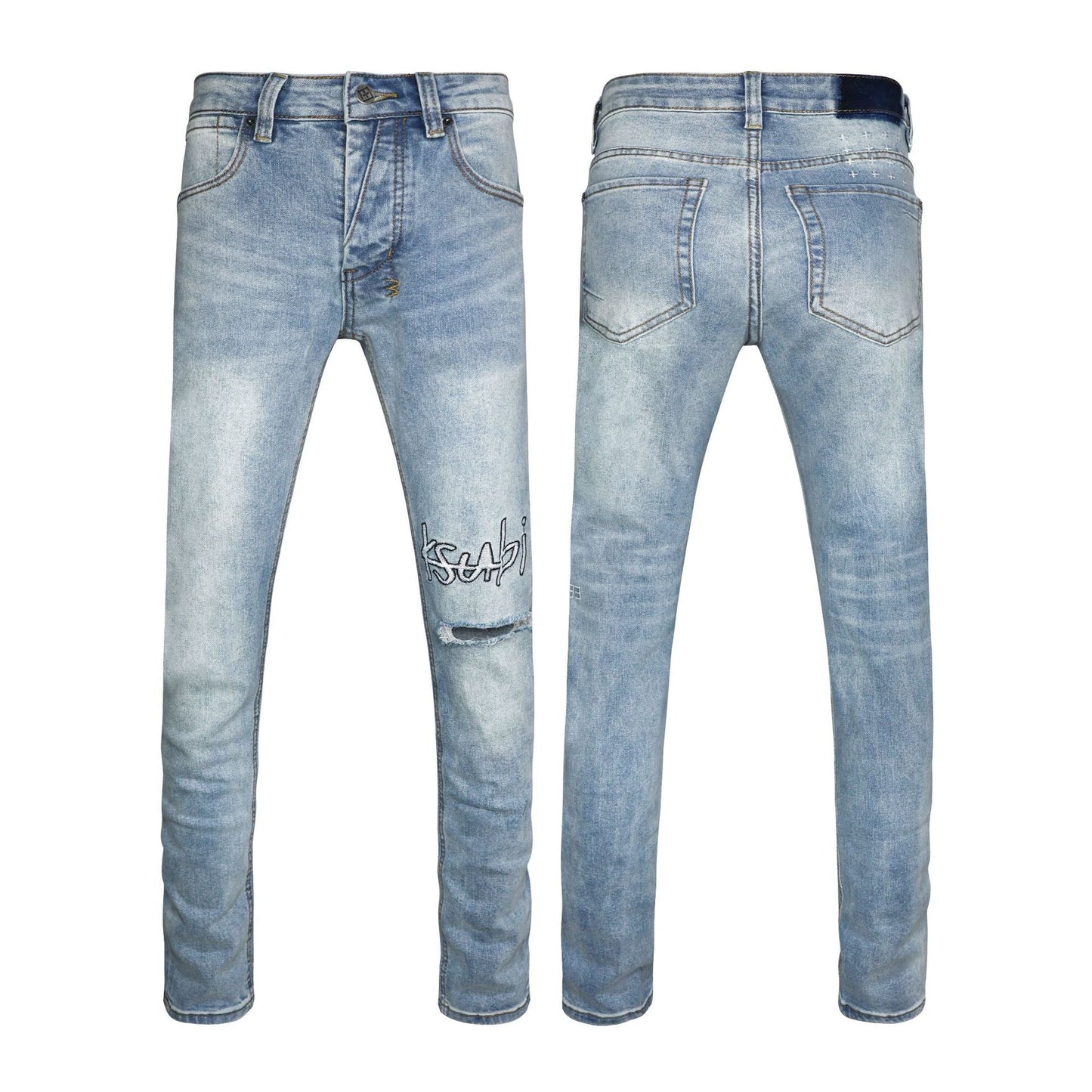 Light Blue High Waisted Flare Jeans with Bold White Embroidery - Retro Ripped Wide Leg Pants