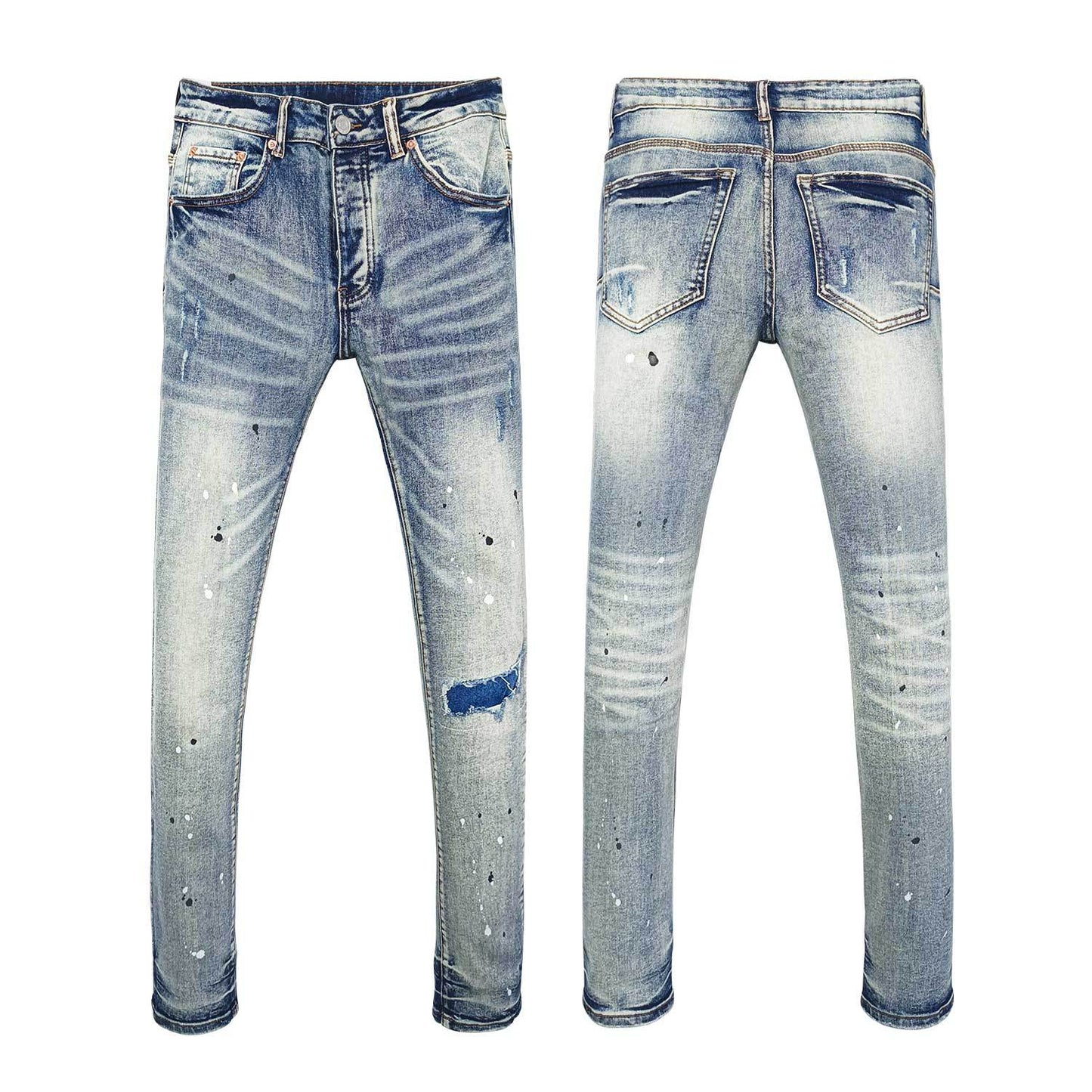 Urban Style Light Wash Skinny Jeans - Artistic Paint Splatter & Distressed Faded Finish