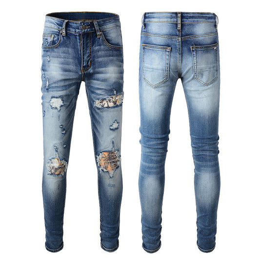 European and American Street Tide Cracked Patch Jeans High Street Tide Slim-fit Small Foot Jeans