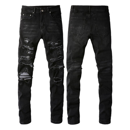 Jean slim stretch délavé noir avec détails en similicuir polyvalents 