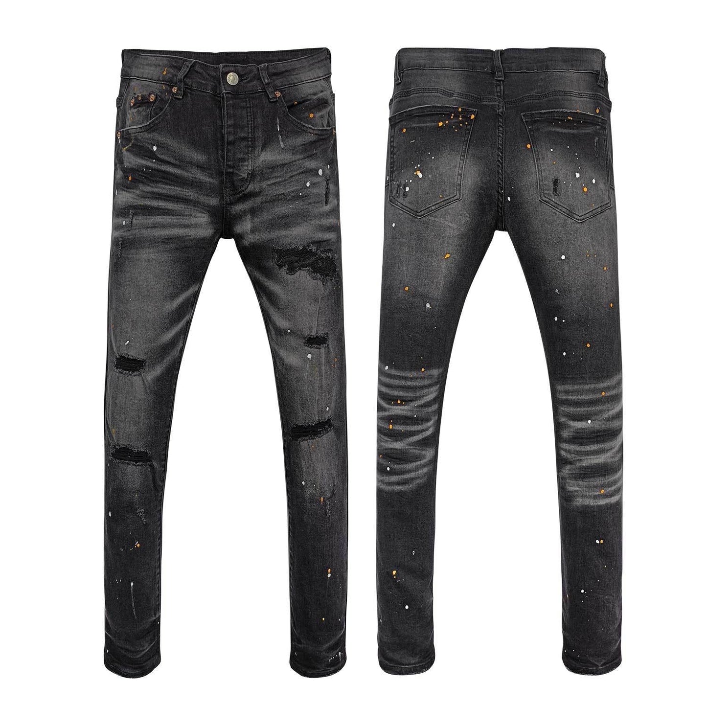 Men's Trendy Ripped Skinny Jeans - Faded Black Denim with Colorful Paint Splatter