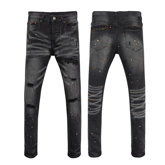 Men's Trendy Ripped Skinny Jeans - Faded Black Denim with Colorful Paint Splatter