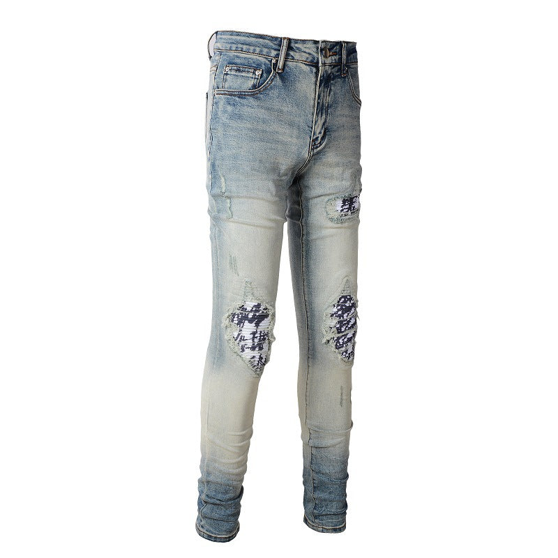 Jeans ajustados de mendigo con parches blancos y negros rotos de High Street para hombre, de moda, n.° 1336 