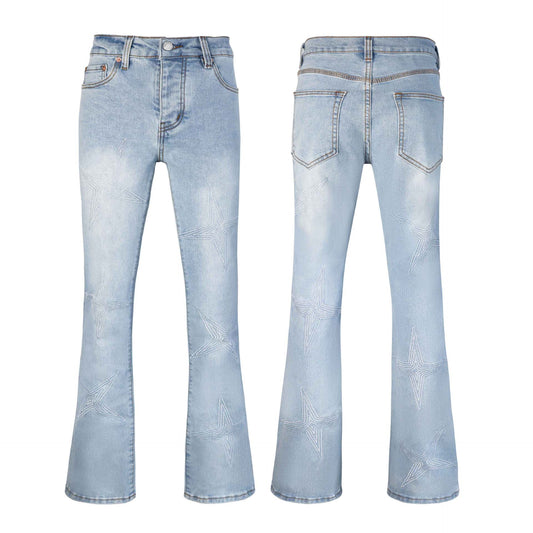 Light Blue Embroidered Star Distressed Flared Jeans - High Rise Light Wash Bell Bottom Pants