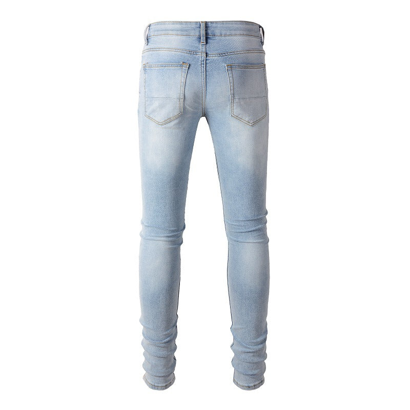 1307 European and American High Street Jeans Sticker Hand-worn Ripped Jeans Slim-fitting and Thin Small Feet Jeans