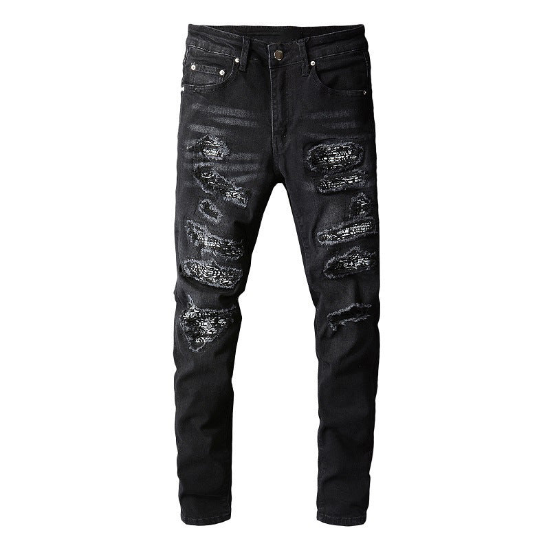 Jean noir moulant pour homme avec patchs cachemire et détails vieillis 