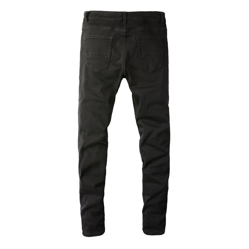 Men’s Slim Fit Black Jeans with Distressed Knee Rips and Layered Ribbed Panels for a Sleek Urban Style (602-8520)