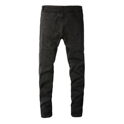 Men’s Slim Fit Black Jeans with Distressed Knee Rips and Layered Ribbed Panels for a Sleek Urban Style (602-8520)