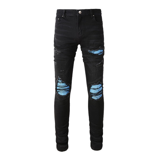 Jean slim bleu pour homme avec motif patchwork et froissé pour un style urbain 