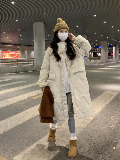 Chaqueta de plumón con hebilla de cuerno de vaca para mujer, con capucha de invierno y gruesa hasta la rodilla, ropa de invierno