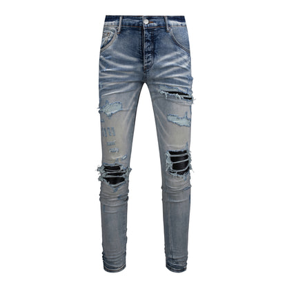 Men's Slim Fit Black Jeans with Street Style Patches, Vintage Wash, and Ripped Details